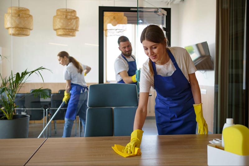 professional cleaning service people working together