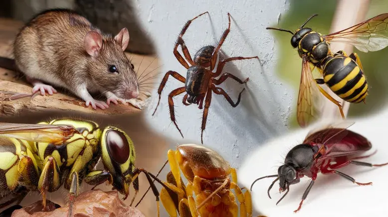 Collage of common household pests in Texas including rat spider cockroach wasp and ant