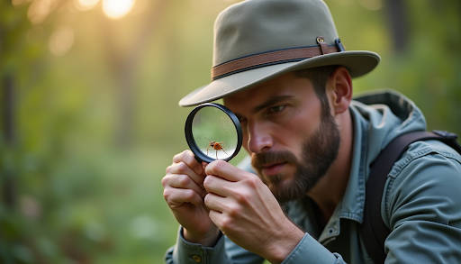 A man examining a small insect through a magnifying glass in a forest.
