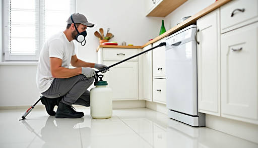 A pest control expert applying treatment in a kitchen with a sprayer.