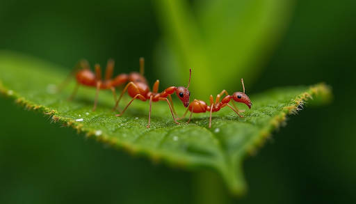 red-ant-colony-on-leaf Close-up of red ants walking on a green leaf