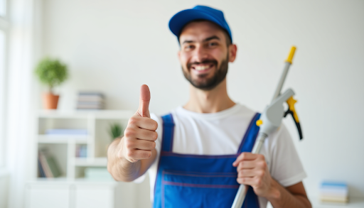 Smiling professional cleaner in a blue uniform holding a cleaning tool and giving a thumbs up.