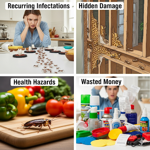 Collage showing reasons to hire a professional exterminator: avoiding recurring ant infestations, preventing hidden termite damage in walls, eliminating health hazards from roaches on food, and stopping wasted money on DIY sprays.
