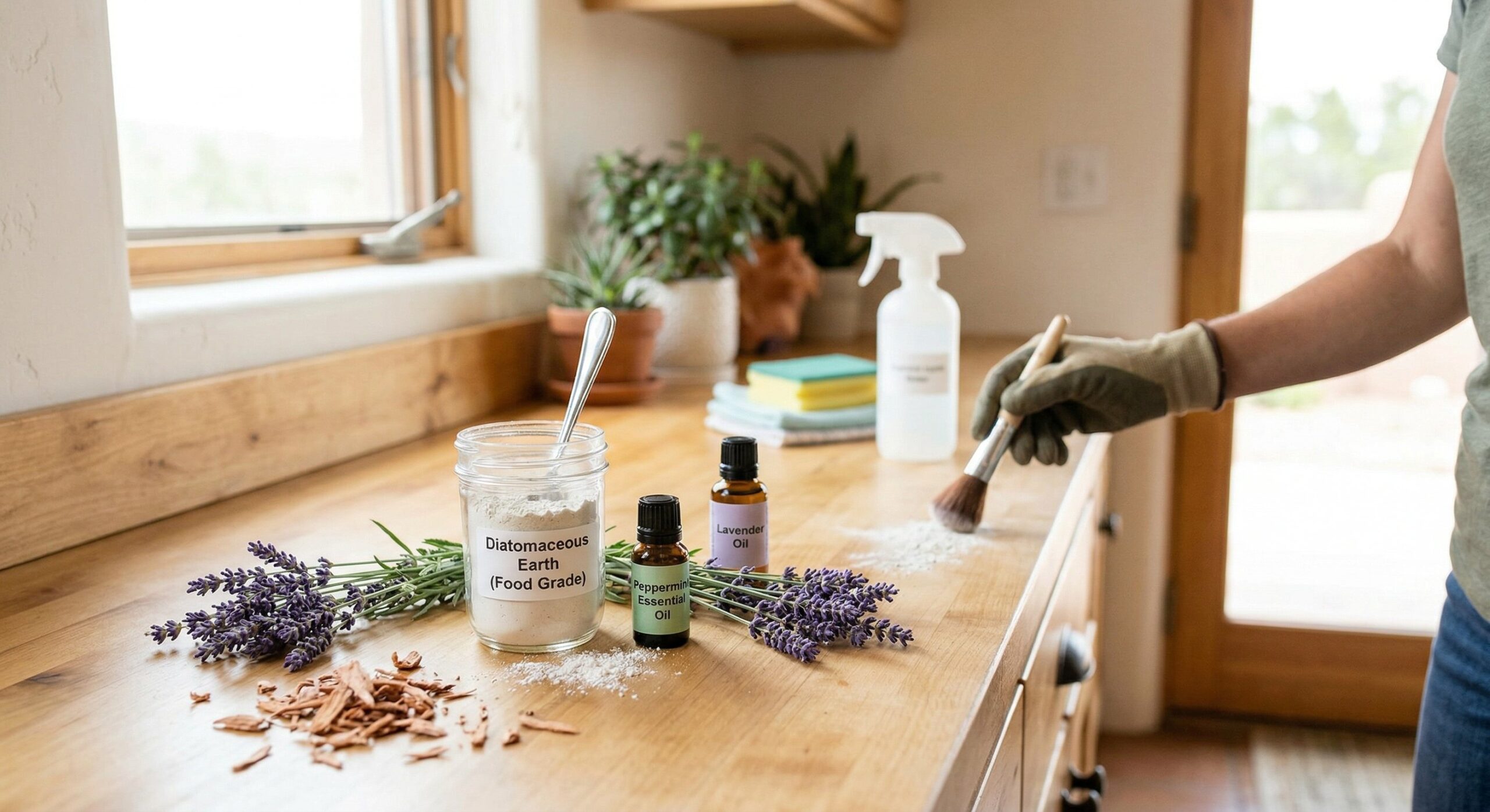 A person wearing work gloves brushes powdered Diatomaceous Earth onto a rustic wooden countertop. The counter displays labeled jars and bottles of Peppermint Essential Oil and Lavender Oil, fresh lavender stalks, and cinnamon bark chips in a bright kitchen setting.