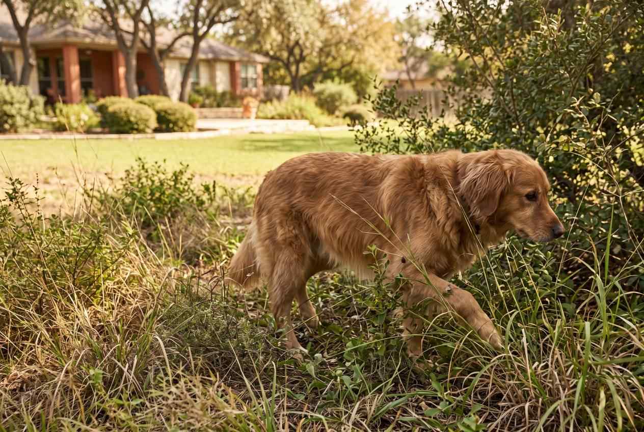 A golden retriever walking through tall grass and foliage near bushes in a suburban residential backyard, illustrating areas where outdoor pests like ticks, fleas, and scorpions might hide.