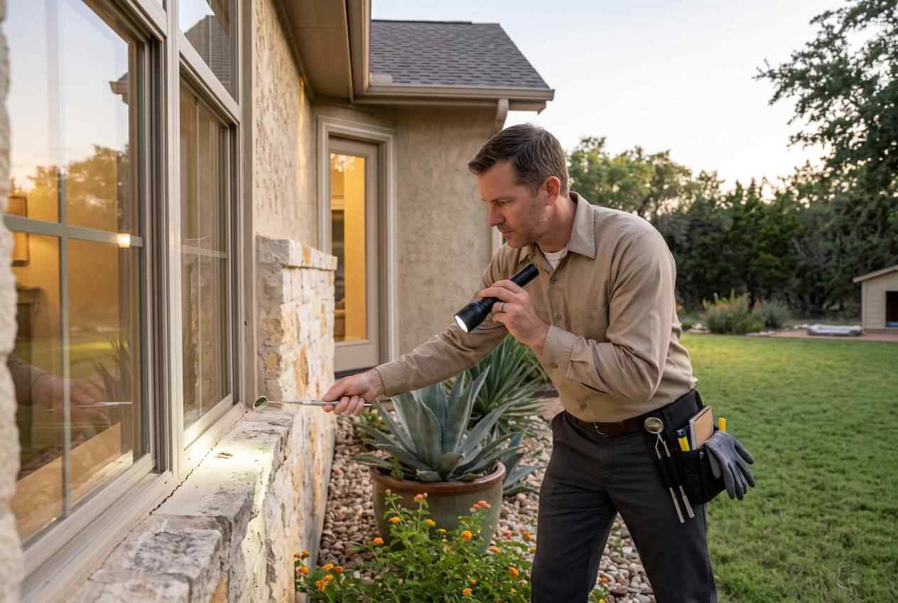 Pest Control Technician Inspecting Texas Home Exterior A professional pest control technician inspecting the exterior window ledge of a Texas home with a flashlight.