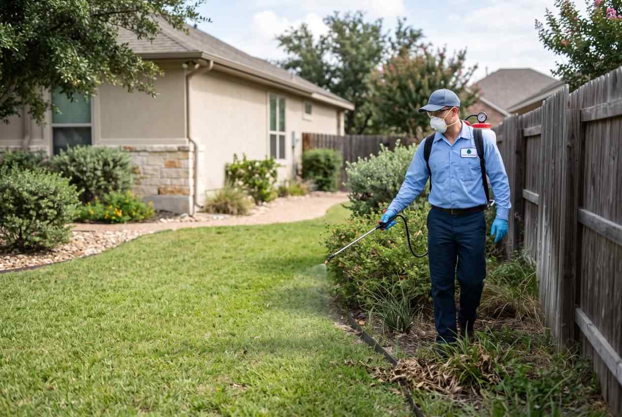 A professional pest control technician wearing protective equipment sprays pest treatment along a wooden fence line in a suburban backyard.