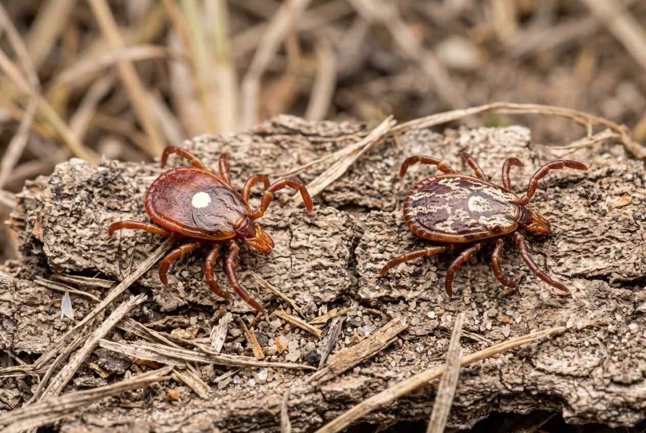 Macro view of a female Lone Star tick with a distinct white spot on its back next to an American dog tick crawling on tree bark.
