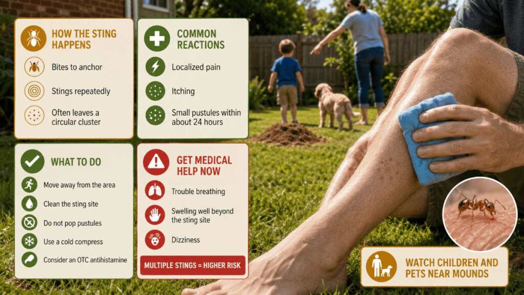 Fire Ants in Texas: What Every Homeowner Needs to Know 3 Educational infographic explaining fire ant sting mechanisms, common reactions, first aid treatment steps, and emergency medical warning signs.