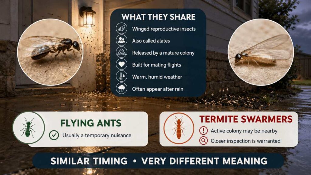 Flying Ants or Termites? How to Tell What Is Really Swarming Your Texas Home 1 An educational infographic comparing flying ants and termite swarmers, detailing shared characteristics of alates and distinguishing temporary ant nuisances from destructive termite infestations.