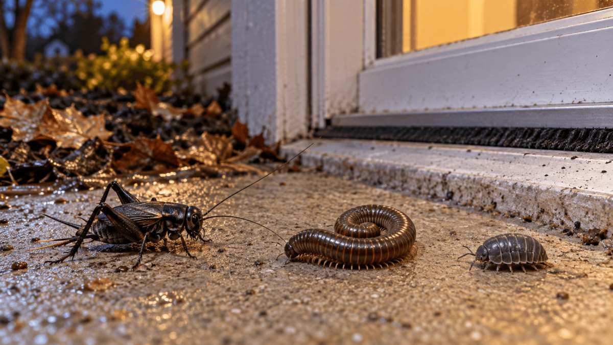 Crickets at Home, Millipedes and Pill Bugs Why They Pour Every Fall Black field cricket, millipede, and pill bug side by side