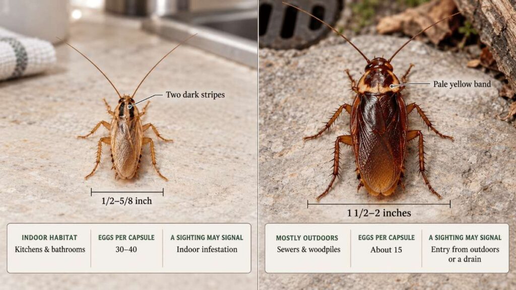 German vs. American Cockroach: Which One Is in Your Texas Home? 1 German vs American cockroach side by side, showing the small striped German roach next to the large reddish-brown American roach