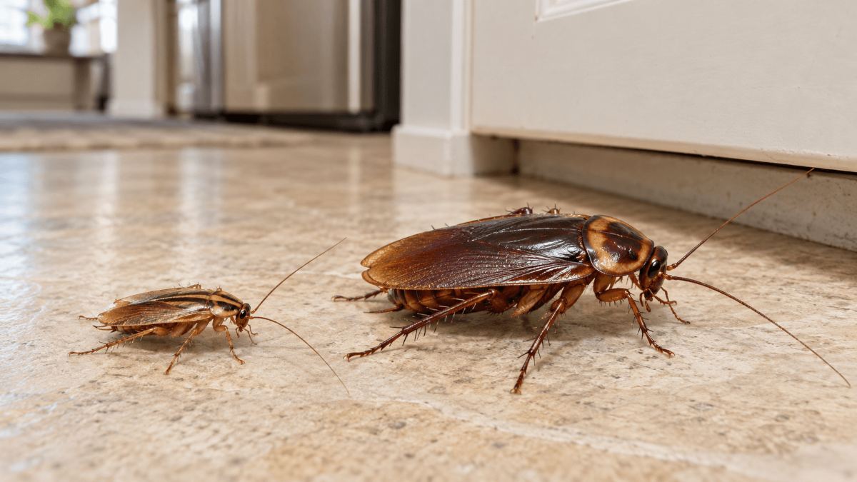 German vs. American Cockroach Which One Is in Your Texas Home German vs American cockroach side by side, showing the small striped German roach next to the large reddish-brown American roach
