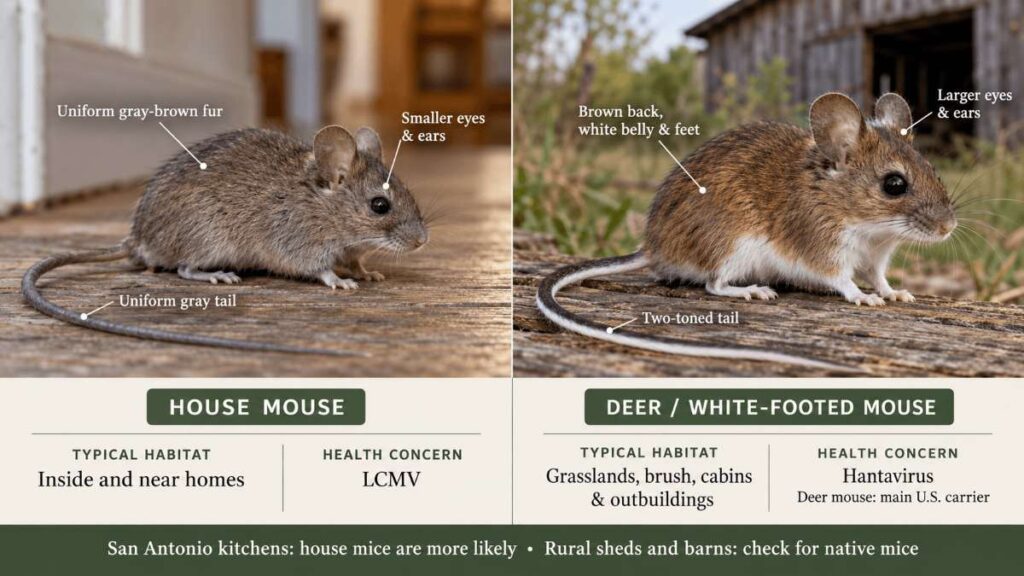 Texas House Mice: Identification, Risks, and Control 1 Gray house mouse next to droppings along a kitchen baseboard, a common sign of house mice in Texas homes