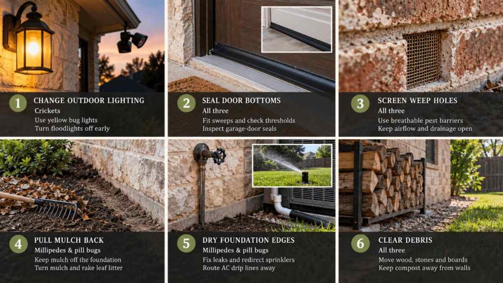 Crickets at Home, Millipedes and Pill Bugs: Why They Pour Every Fall 2 Black field cricket, millipede, and pill bug side by side, the three pests behind most fall calls about crickets at home in Texas