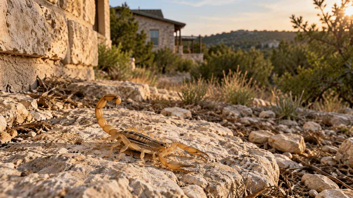 Scorpions in Helotes and the Hill Country Why They Get More Striped bark scorpion on limestone rock, the species behind most scorpions in Helotes and Hill Country homes
