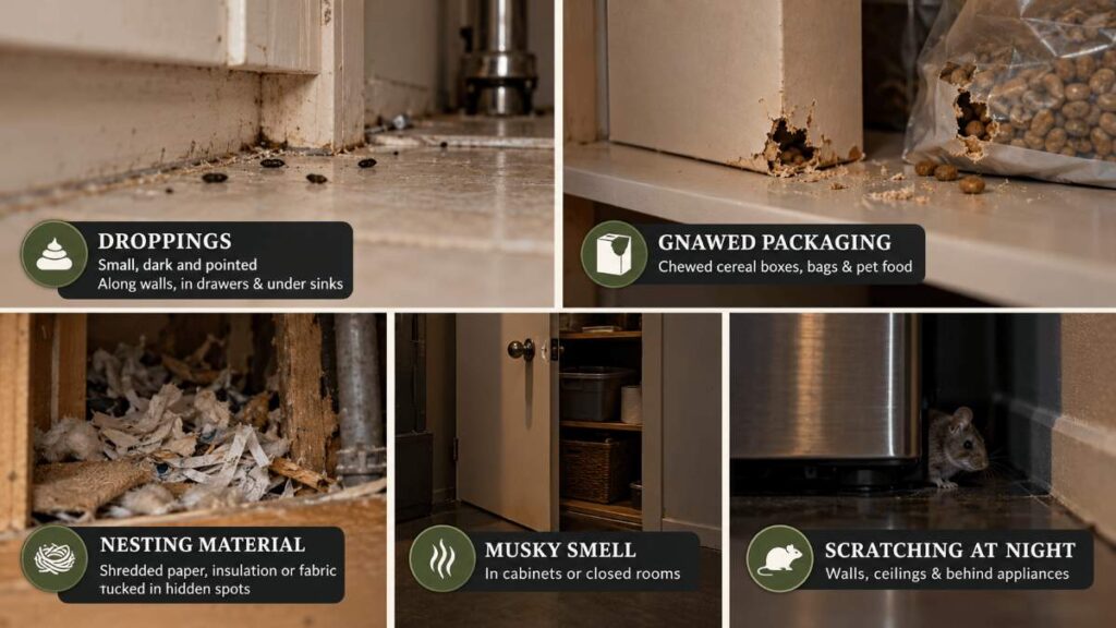 Texas House Mice: Identification, Risks, and Control 2 Gray house mouse next to droppings along a kitchen baseboard, a common sign of house mice in Texas homes