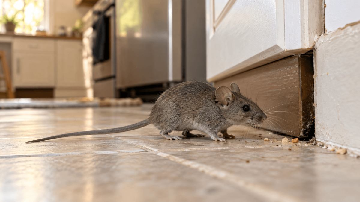 Texas House Mice: Identification, Risks, and Control Gray house mouse next to droppings along a kitchen baseboard, a common sign of house mice in Texas homes