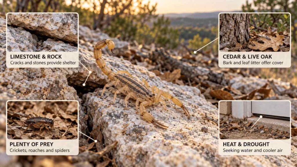Scorpions in Helotes and the Hill Country: Why They Get More 1 Striped bark scorpion on limestone rock, the species behind most scorpions in Helotes and Hill Country homes